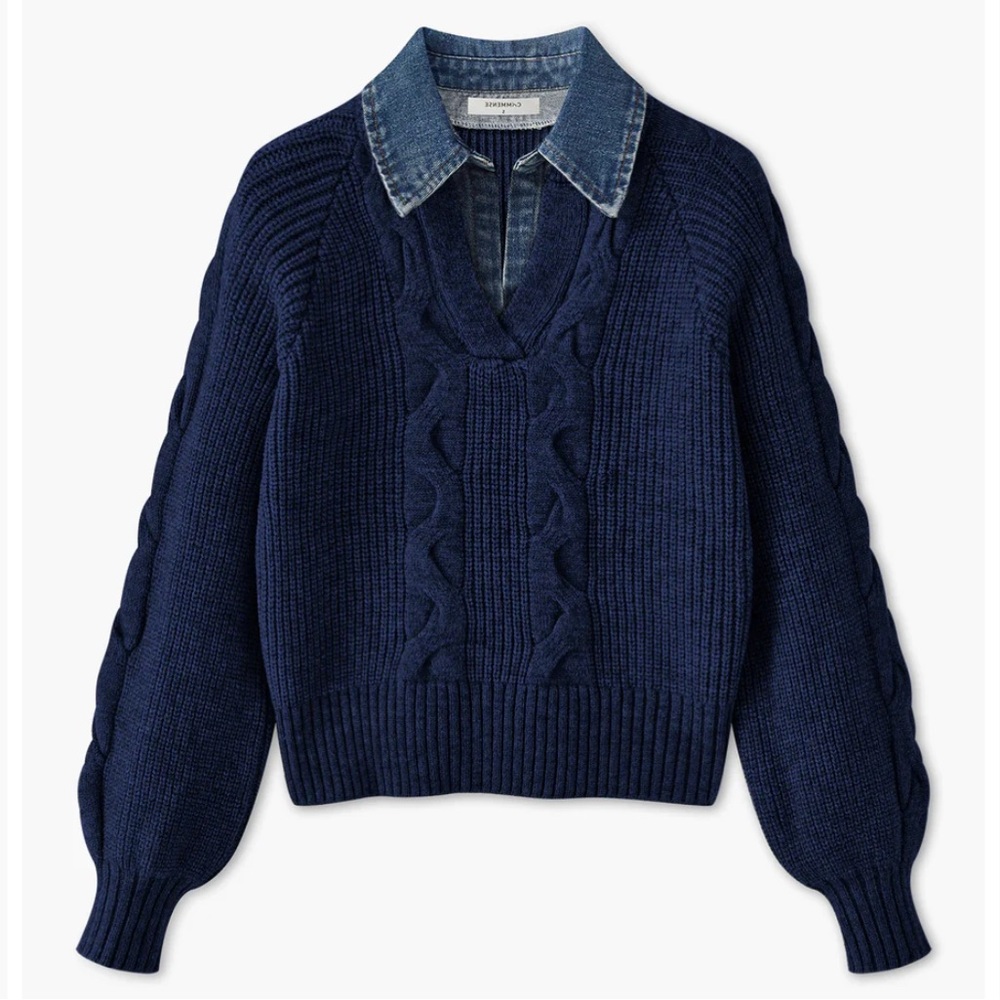 Commence Denim Panel Ribbed Lapel Sweater